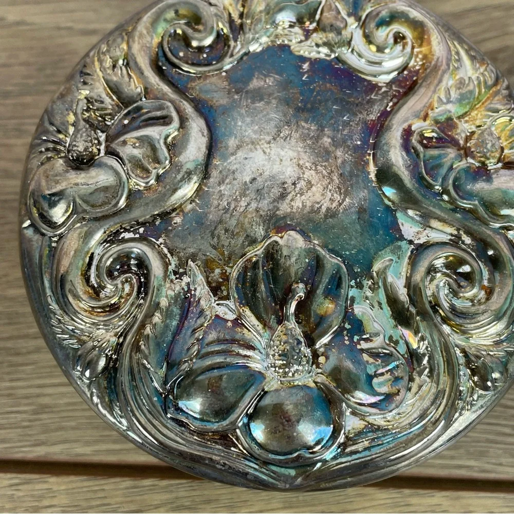 Vintage Crystal Jewelry Trinket Dresser Powder Box Pewter Mirror Cover Lid
